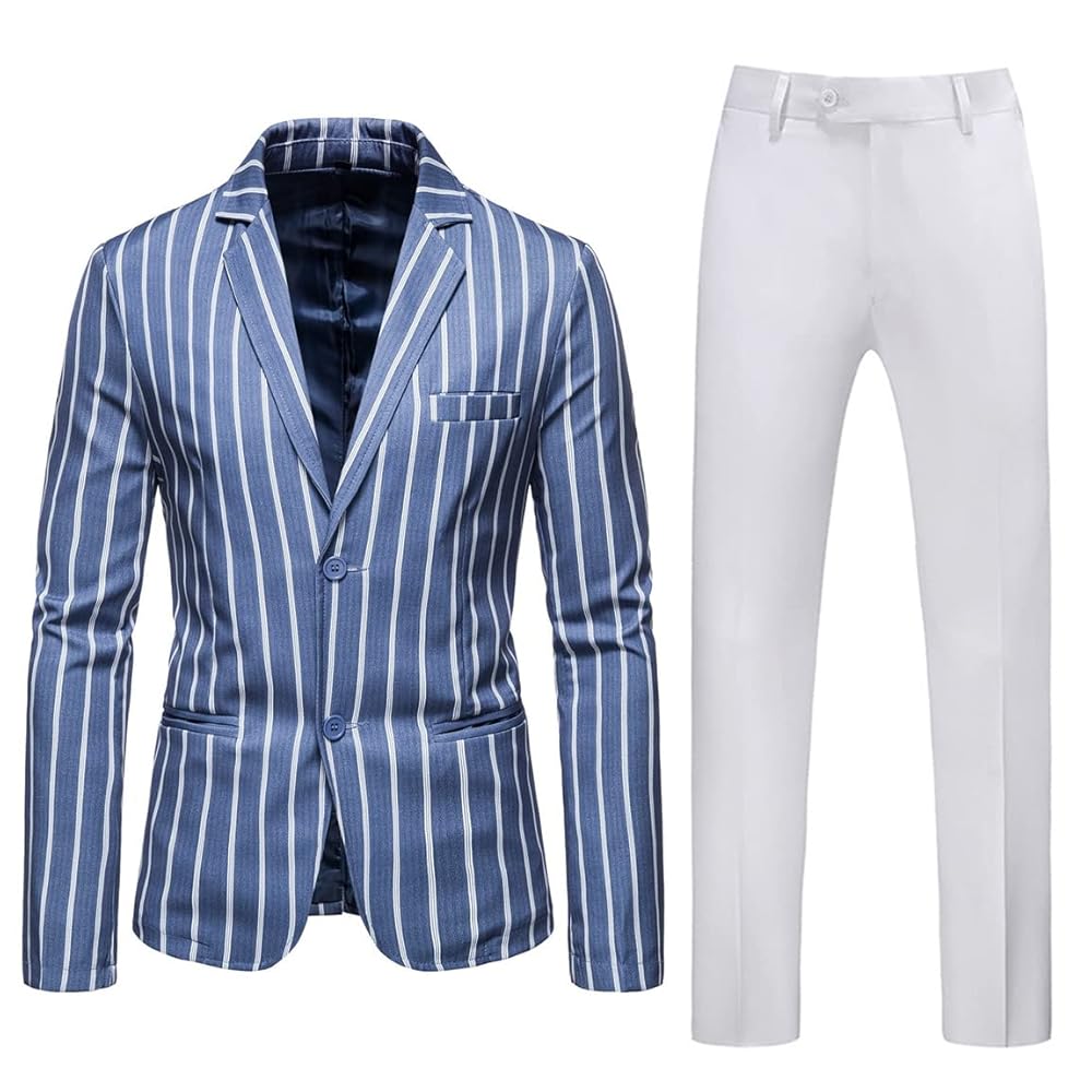 Cdkoke Men's Two Buttons Suit Stripe Jacket and White Pants